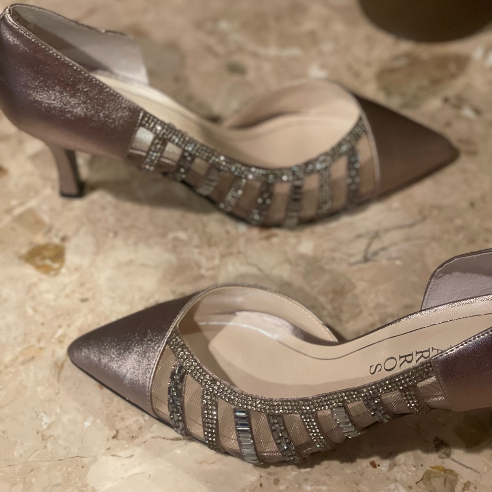 Sophisticated Silver and Cream Kitten Heel Pumps